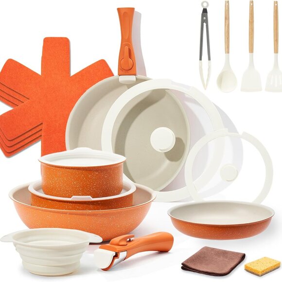 22-Piece Stackable Nonstick Cookware Set Orange/White Flake‎ Finish - Picture 1 of 7